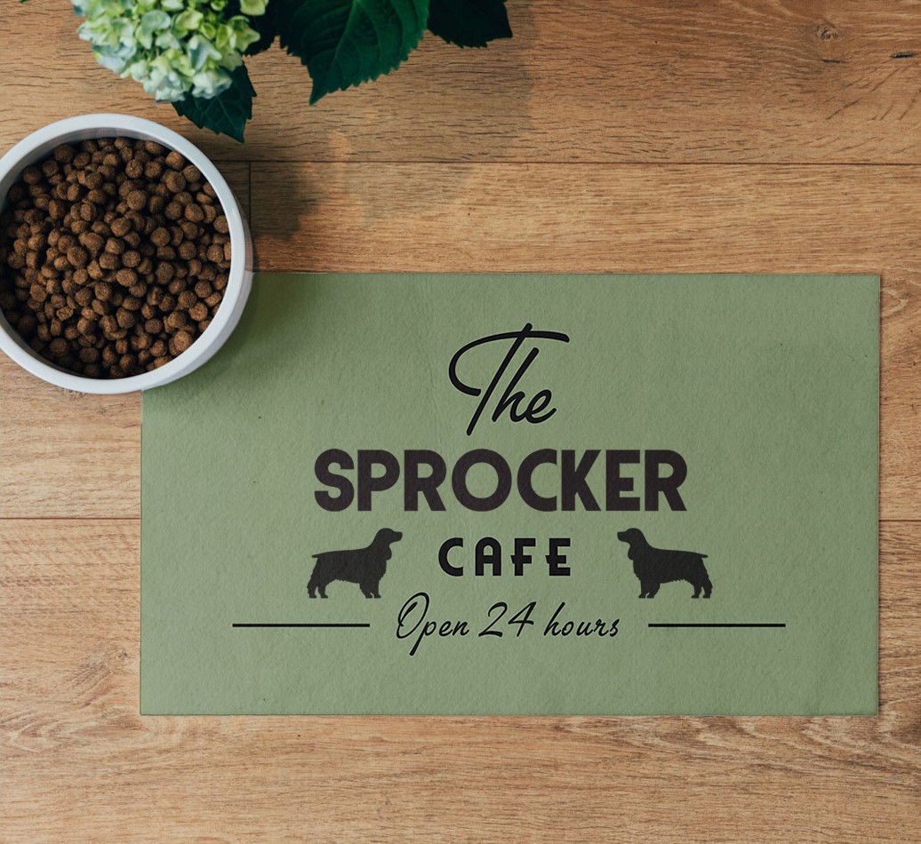 'The {breedFullName} Cafe' Feeding Mat - flatlay on wooden floor with bowl