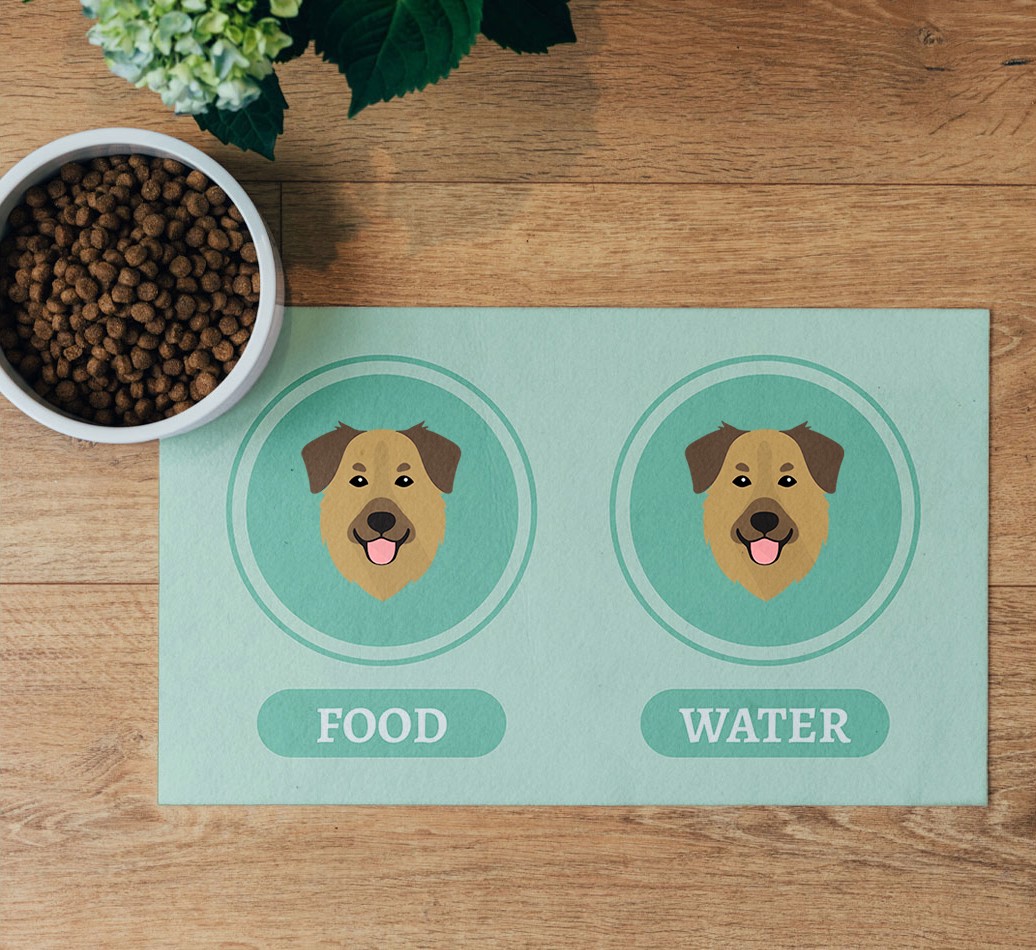 'Yappicons' Feeding Mat - flatlay on wooden floor with bowl