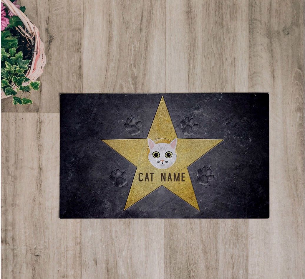 'Star of Fame' Feeding Mat - flatlay on wooden floor with bowl