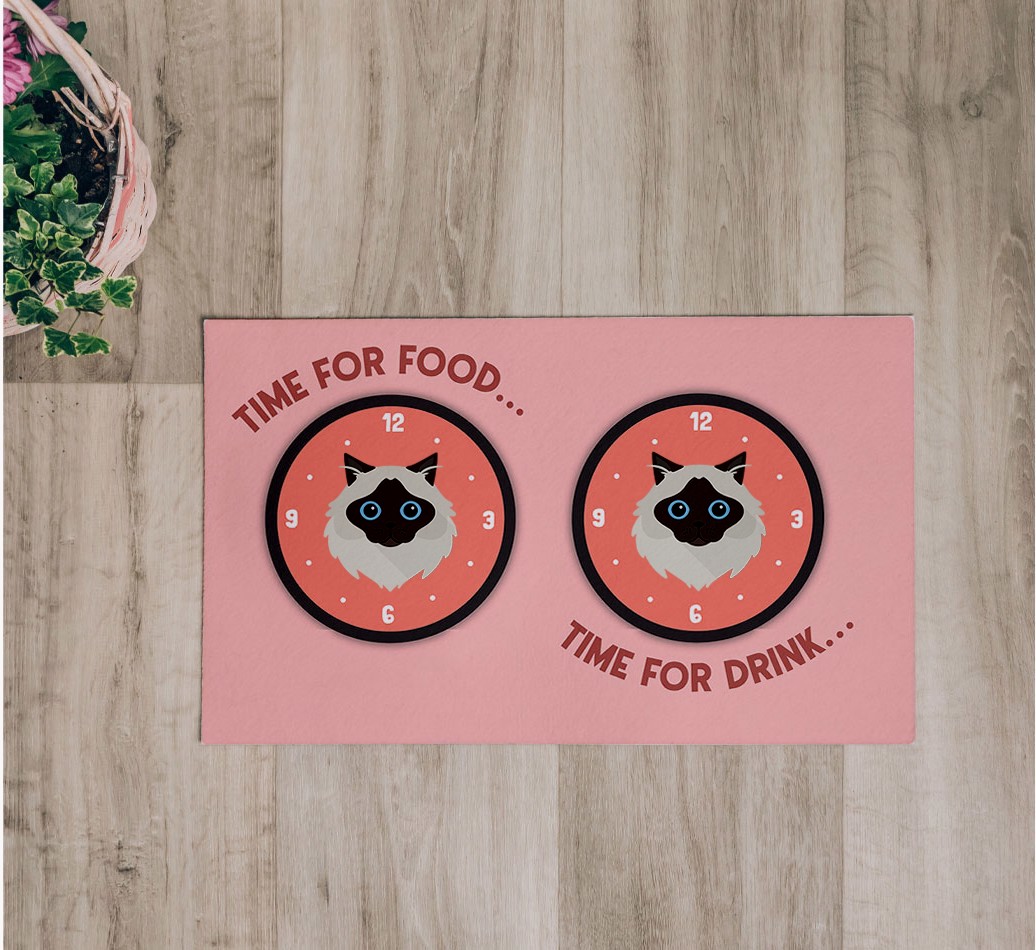 'Time For...' Feeding Mat - flatlay on wooden floor with bowl