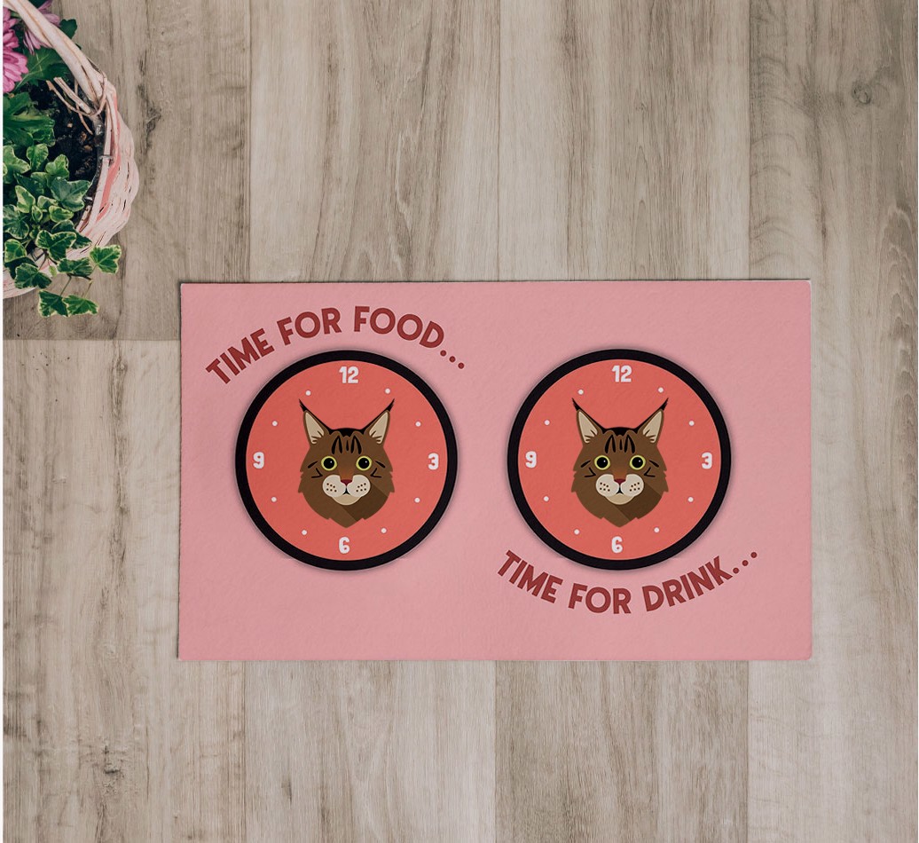 'Time For...' Feeding Mat - flatlay on wooden floor with bowl