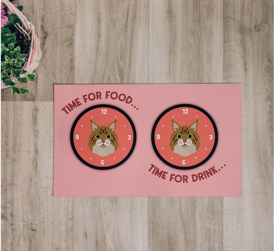 'Time For...' Feeding Mat - flatlay on wooden floor with bowl