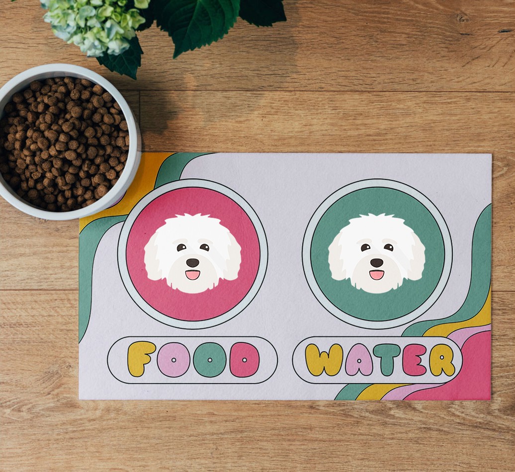 Rainbow Icons: Personalised {breedFullName} Feeding Mat - flatlay on wooden floor with bowl