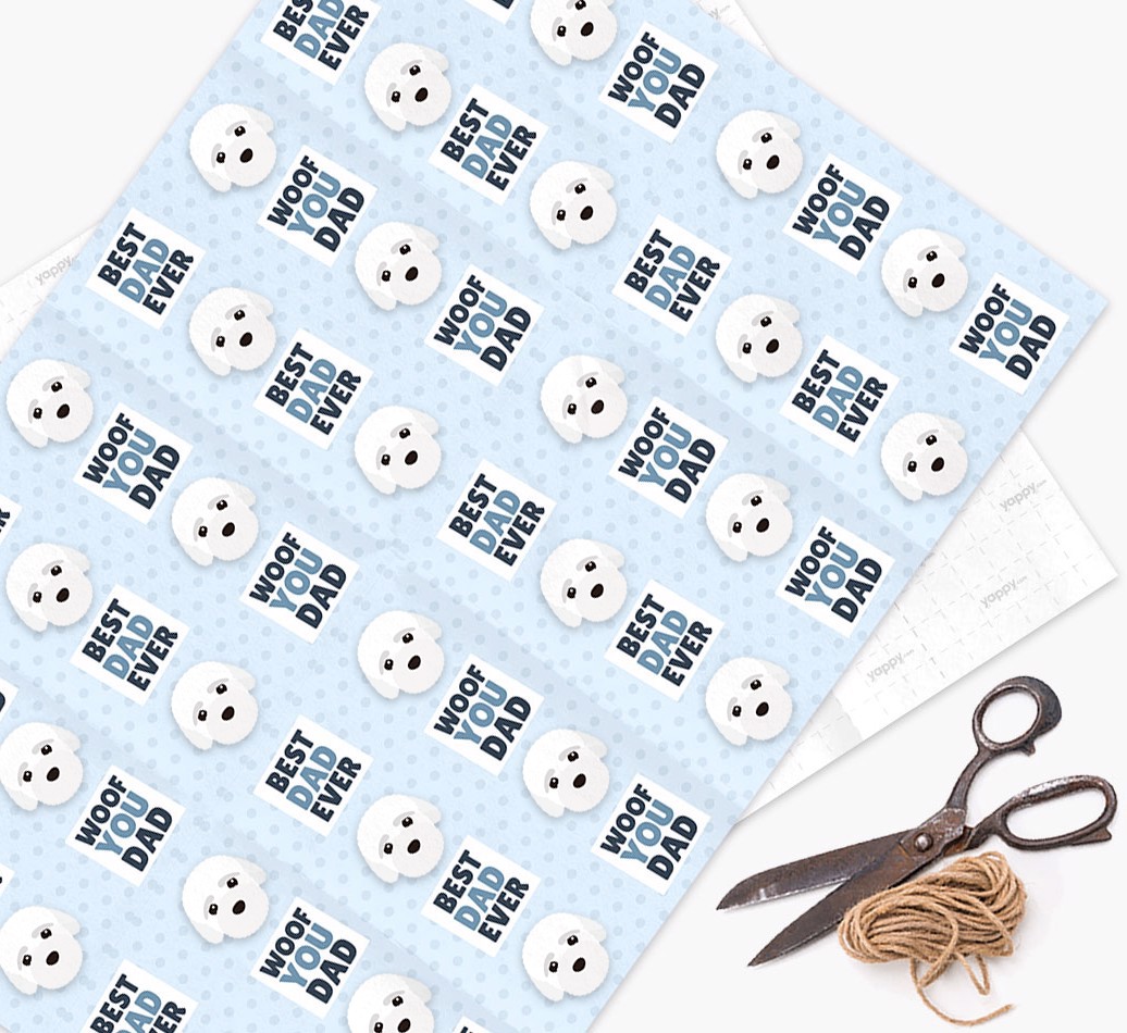 'Woof You Dad' - Personalized {breedFullName} Wrapping Paper - flat