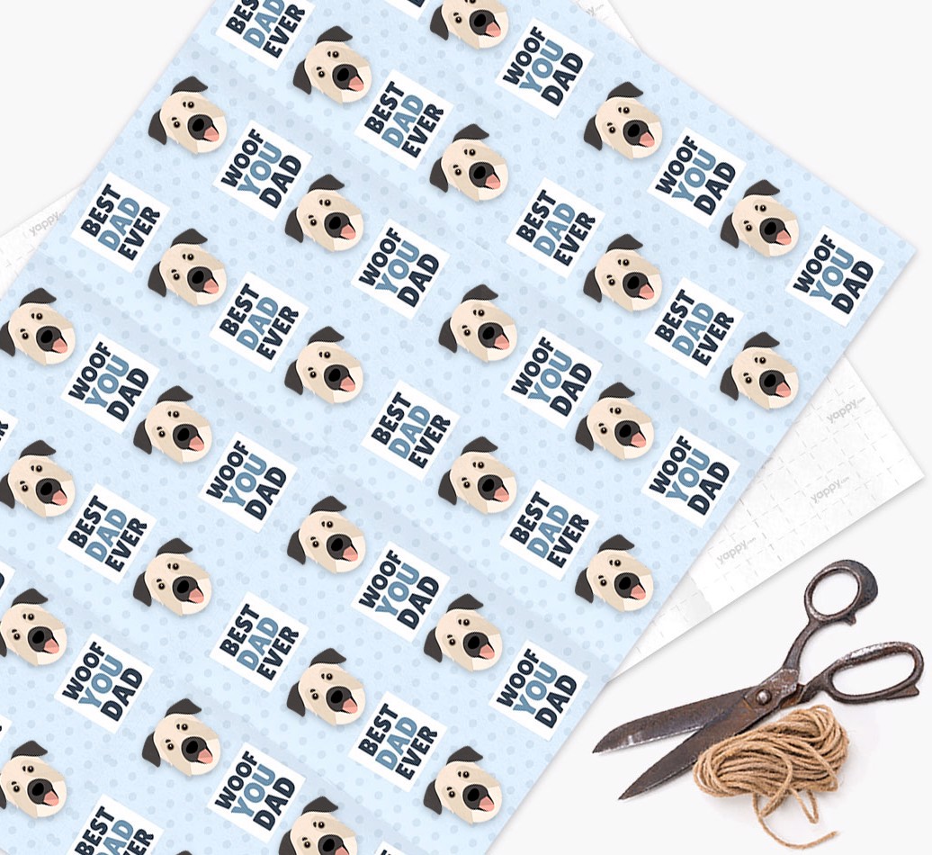 'Woof You Dad' - Personalised {breedFullName} Wrapping Paper - flat