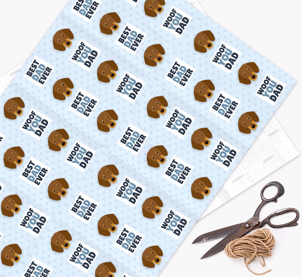 'Woof You Dad' - Personalised {breedFullName} Wrapping Paper - flat