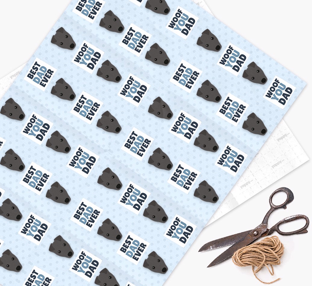 'Woof You Dad' - Personalized {breedFullName} Wrapping Paper - flat