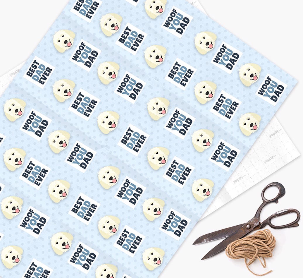 'Woof You Dad' - Personalized {breedFullName} Wrapping Paper - flat