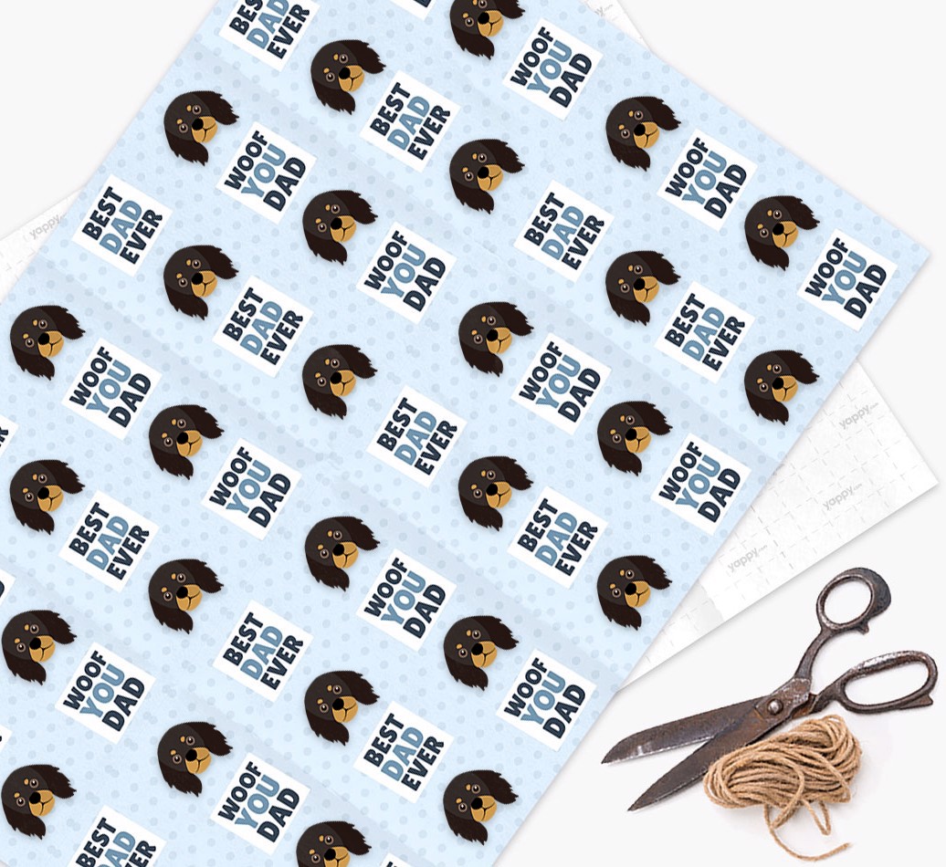 'Woof You Dad' - Personalized {breedFullName} Wrapping Paper - flat