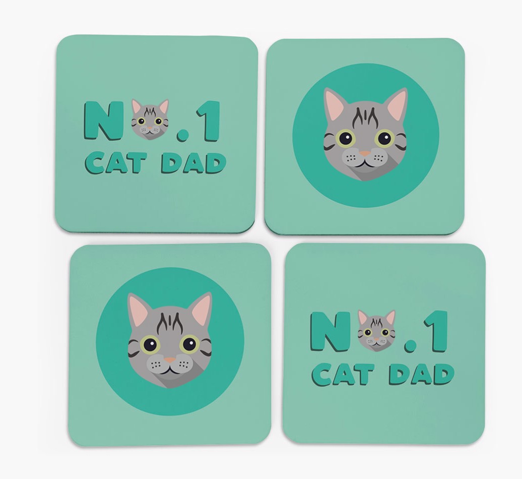 'No.1 Cat Dad' with {breedFullName} Icon Coasters - Set of 4 - front of coasters