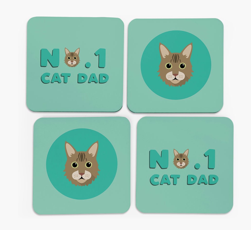 'No.1 Cat Dad' with {breedFullName} Icon Coasters - Set of 4 - front of coasters