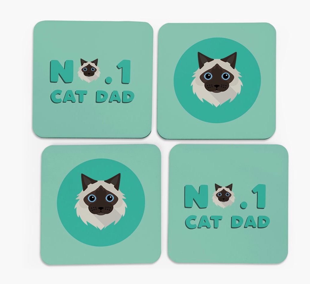 'No.1 Cat Dad' with {breedFullName} Icon Coasters - Set of 4 - front of coasters