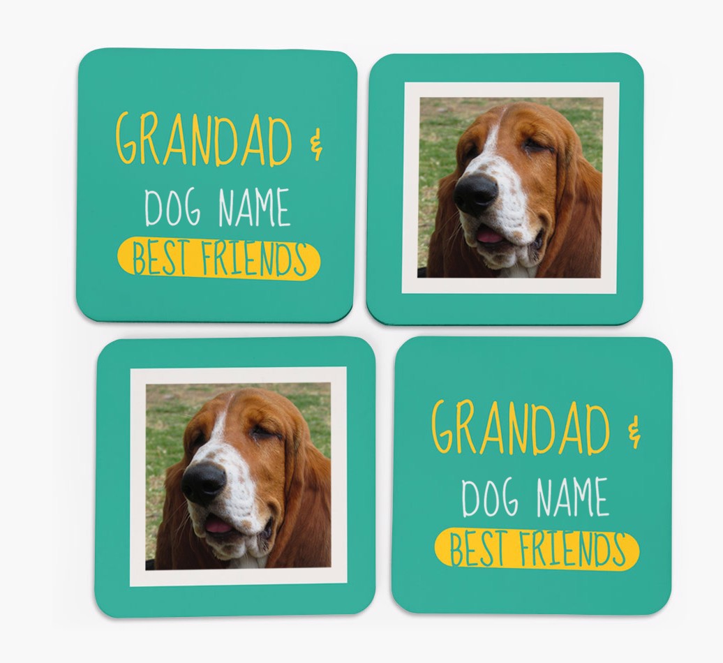 'Grandpa's Best Friend' with {breedFullName} Photo Coasters - Set of 4 - front of coasters