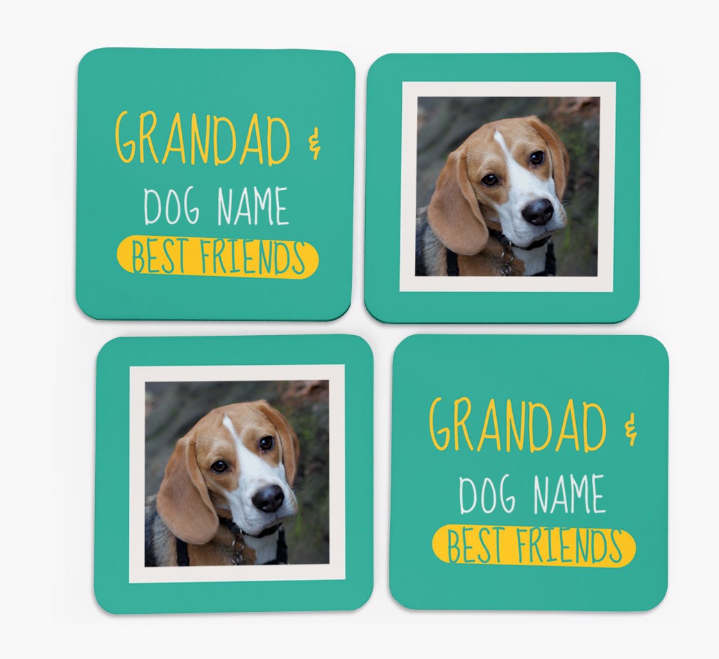 'Grandpa's Best Friend' with {breedFullName} Photo Coasters - Set of 4 - front of coasters