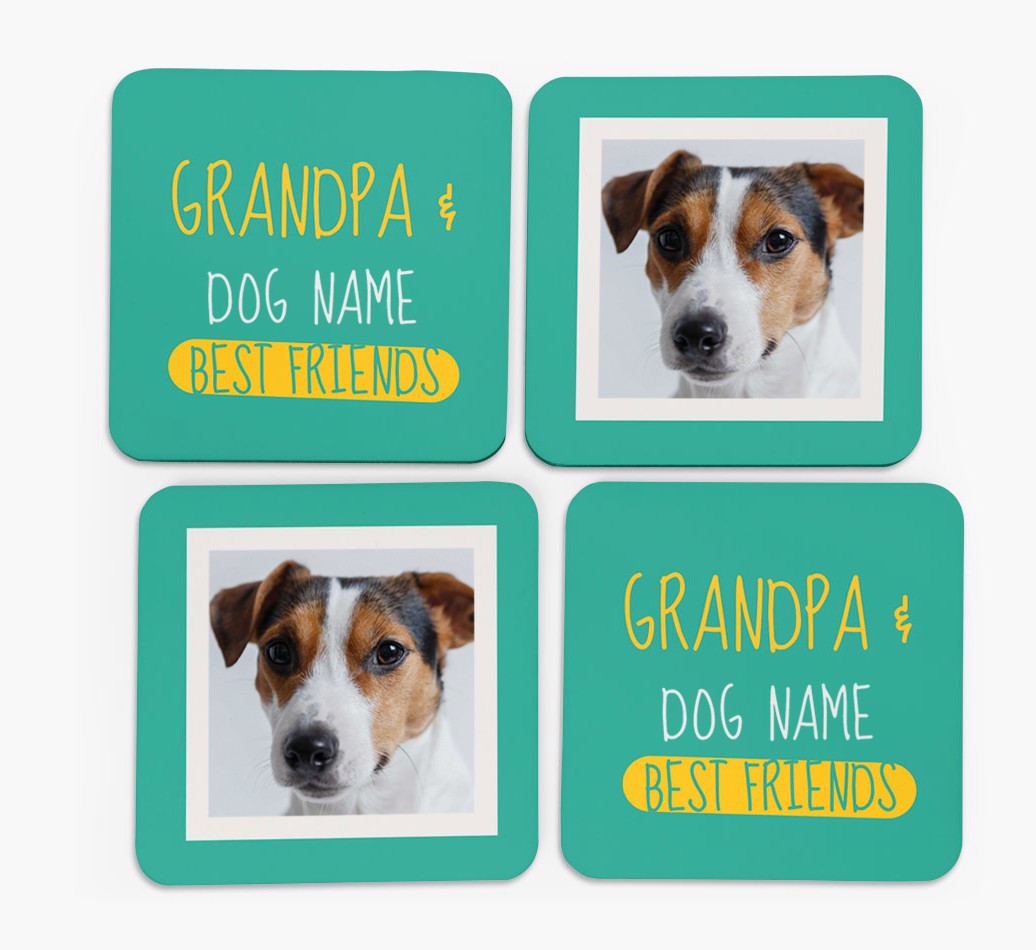 'Grandpa's Best Friend' with {breedFullName} Photo Coasters - Set of 4 - front of coasters