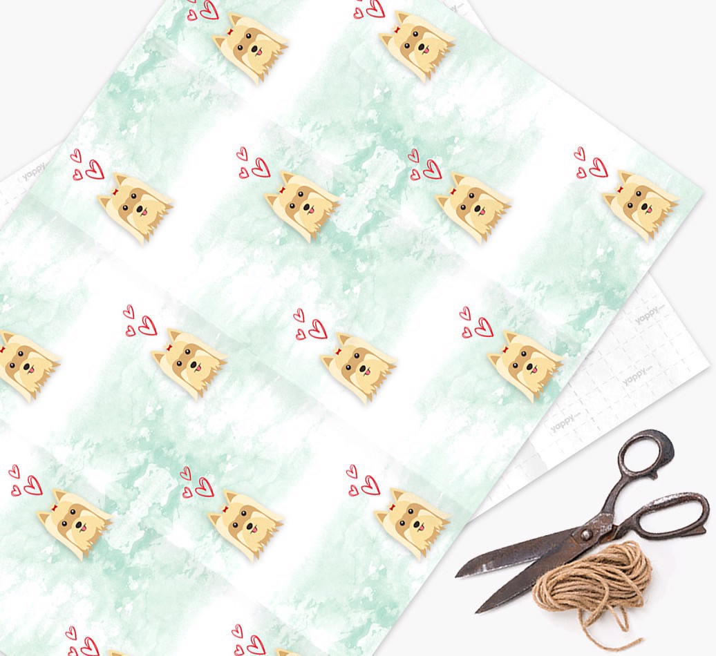 '{breedFullName} Icons & Hearts - Watercolour' - Personalised Wrapping Paper - flat