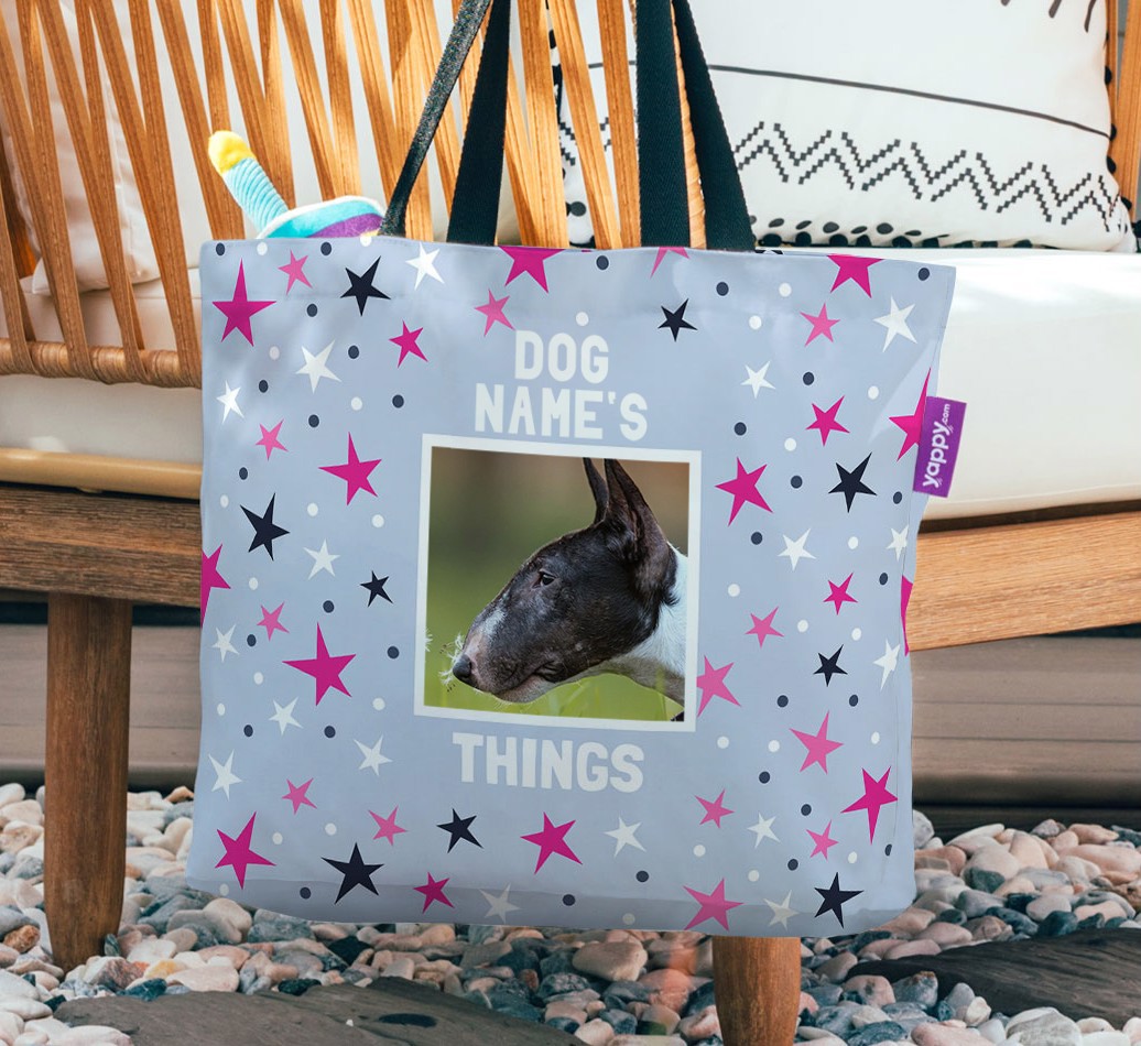 Stars: Personalized {breedFullName} Photo Upload Canvas Bag - hanging on a chair