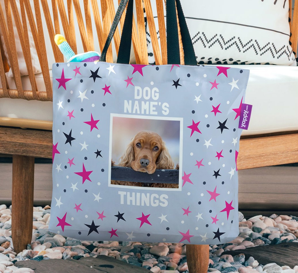 Stars: Personalised {breedFullName} Photo Upload Canvas Bag - hanging on a chair