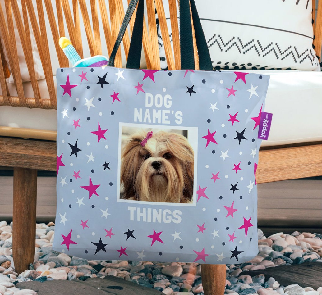 Stars: Personalized {breedFullName} Photo Upload Canvas Bag - hanging on a chair