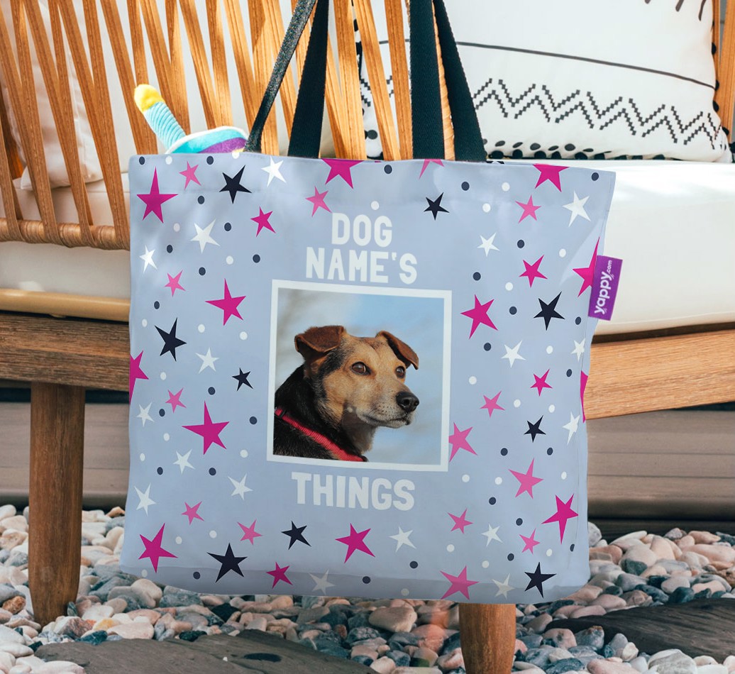 Stars: Personalized {breedFullName} Photo Upload Canvas Bag - hanging on a chair