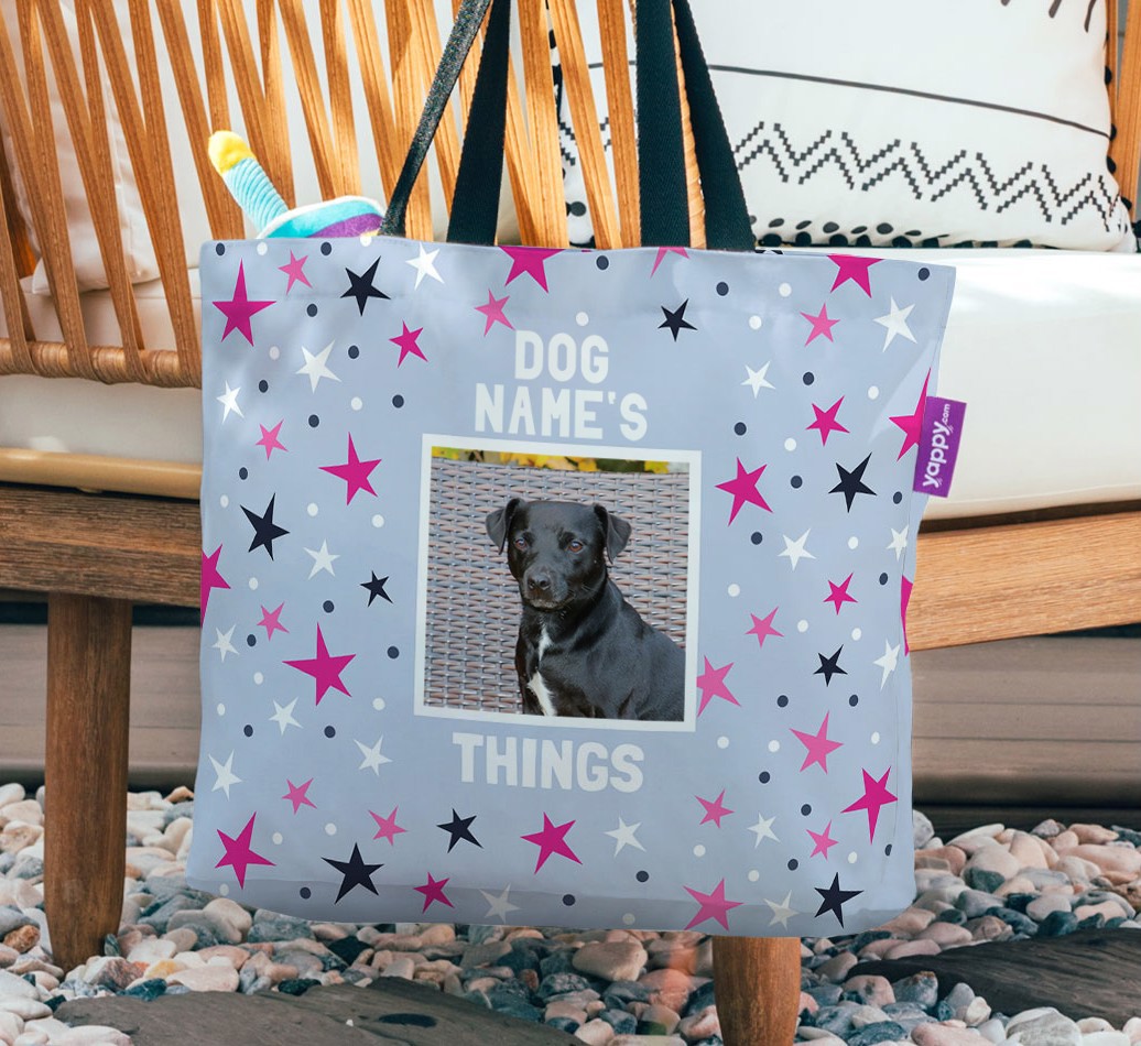 Stars: Personalized {breedFullName} Photo Upload Canvas Bag - hanging on a chair