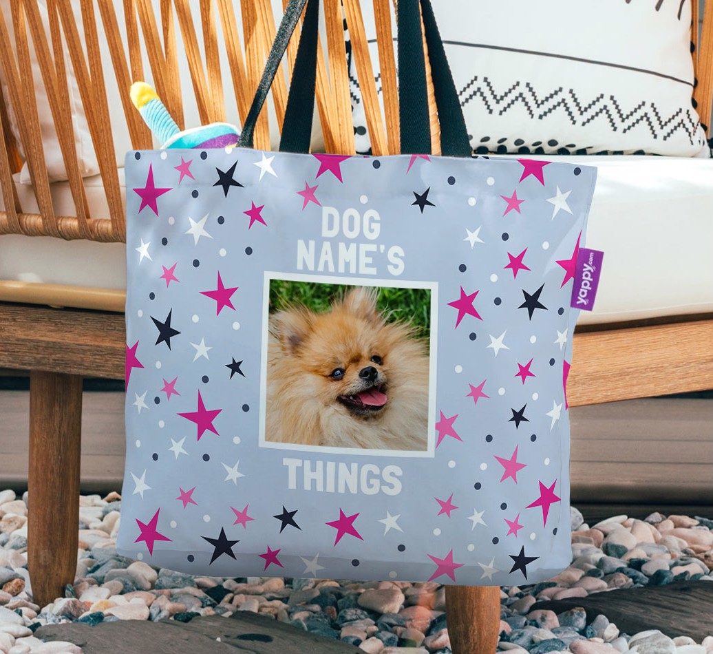 Stars: Personalised {breedFullName} Photo Upload Canvas Bag - hanging on a chair