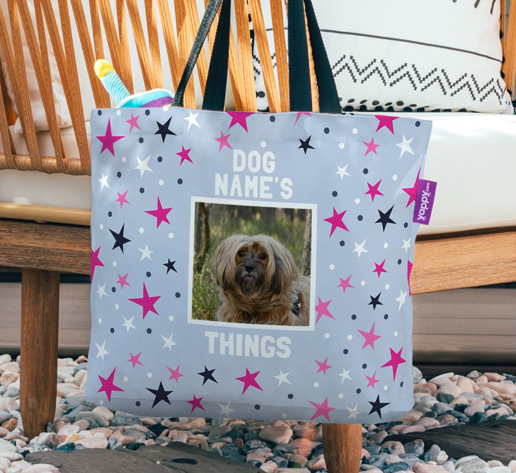 Stars: Personalised {breedFullName} Photo Upload Canvas Bag - hanging on a chair