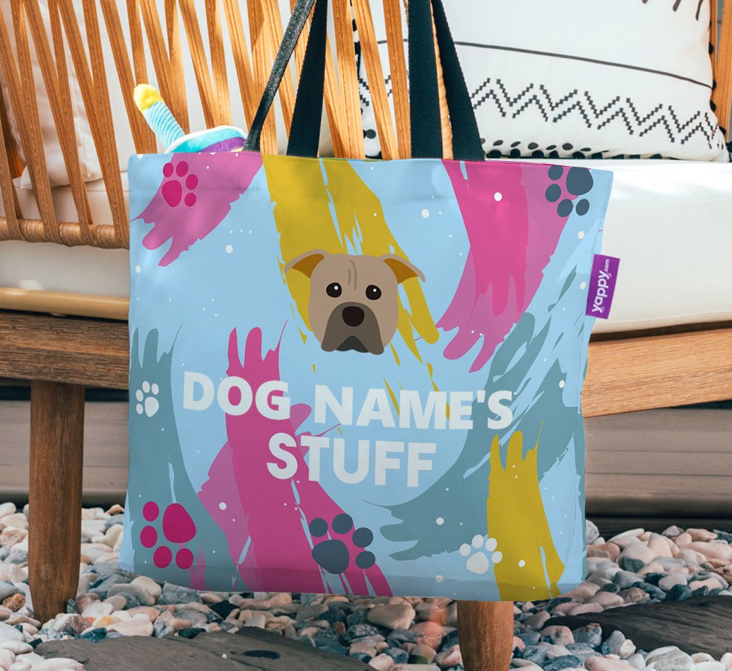 Paint Splatter: Personalized {breedFullName} Canvas Bag - hanging on a chair