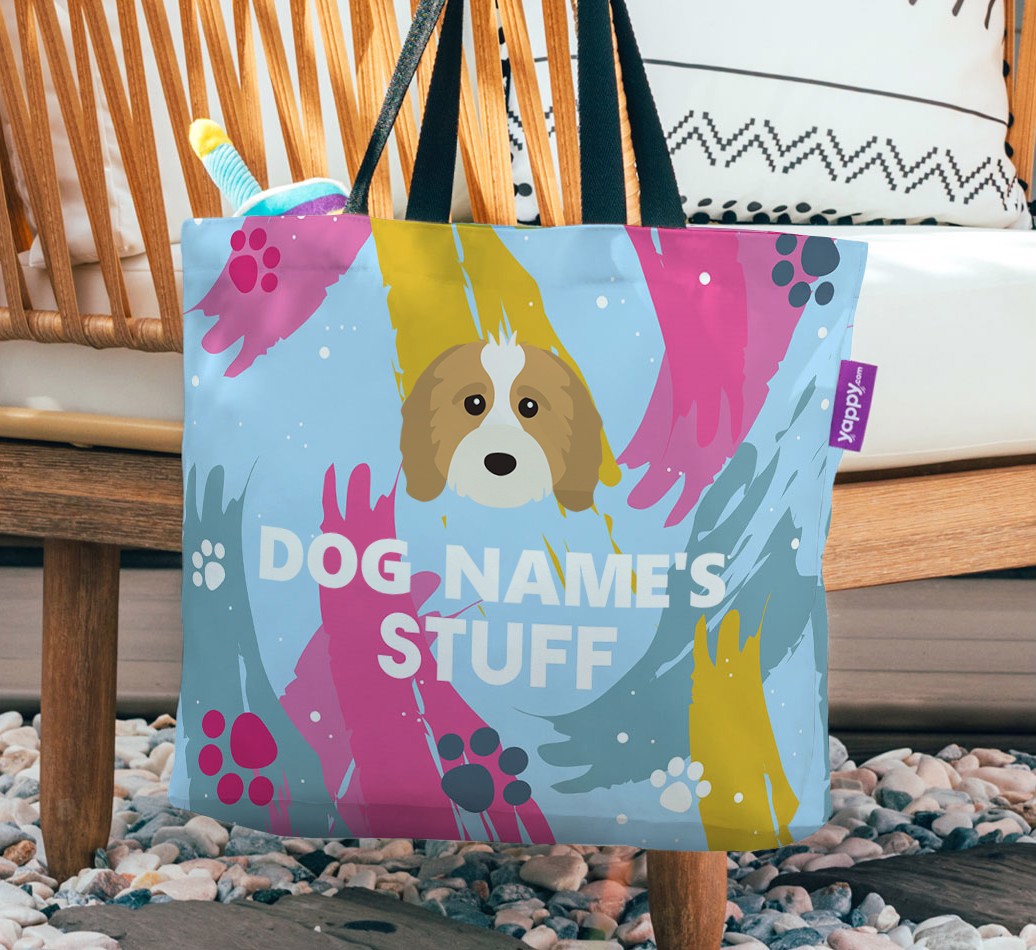 Paint Splatter: Personalised {breedFullName} Canvas Bag - hanging on a chair