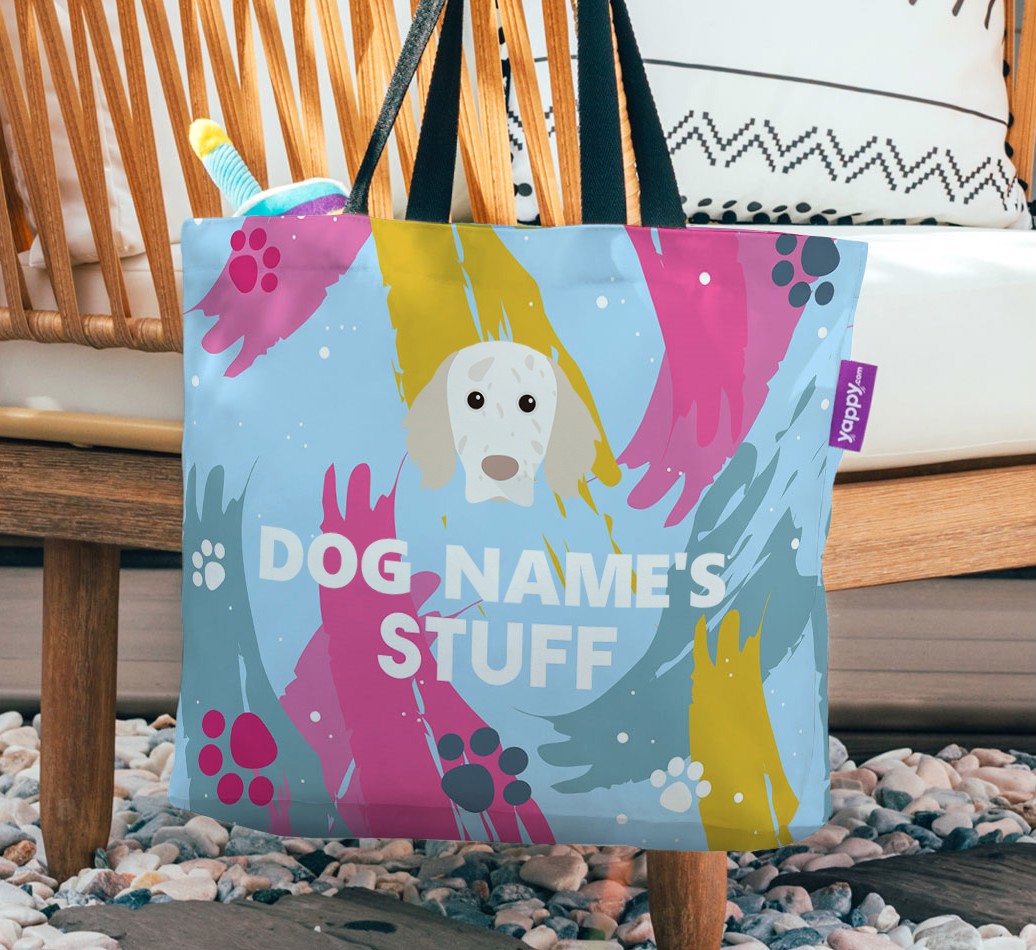 Paint Splatter: Personalized {breedFullName} Canvas Bag - hanging on a chair