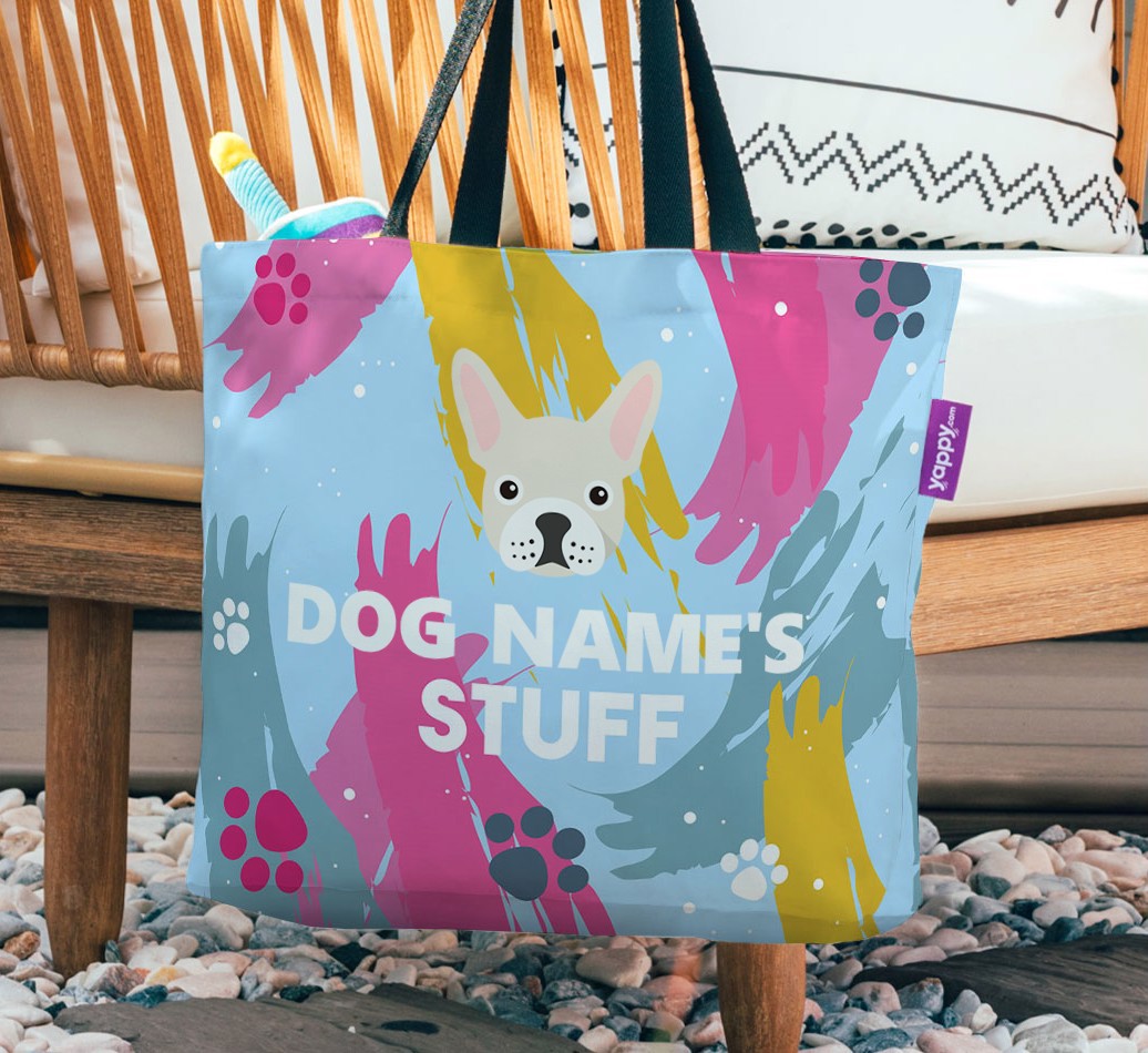 Paint Splatter: Personalized {breedFullName} Canvas Bag - hanging on a chair