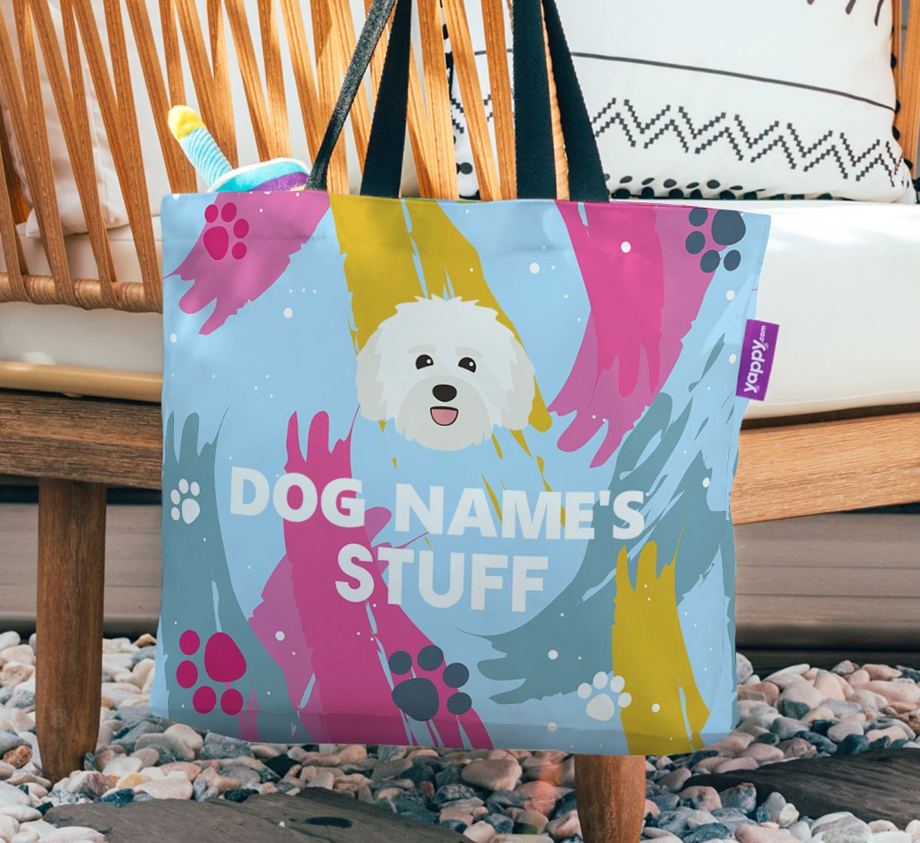 Paint Splatter: Personalised {breedFullName} Canvas Bag - hanging on a chair