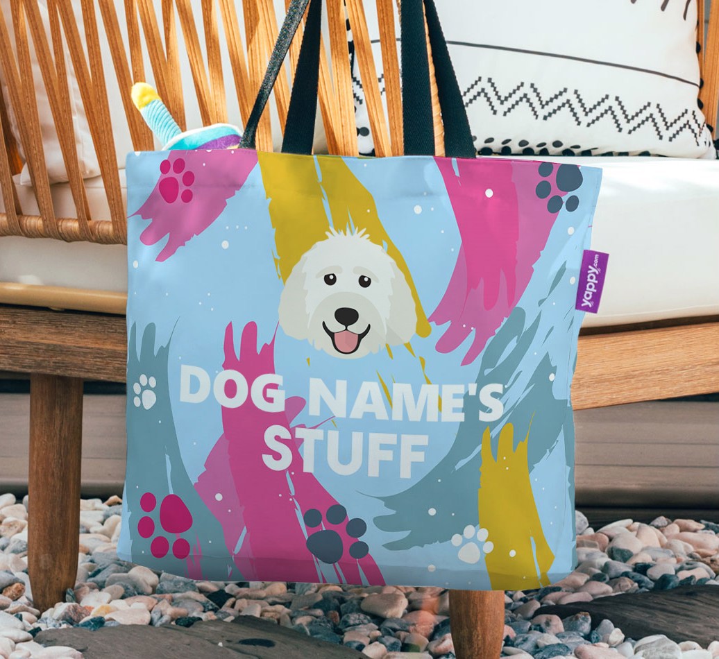 Paint Splatter: Personalized {breedFullName} Canvas Bag - hanging on a chair