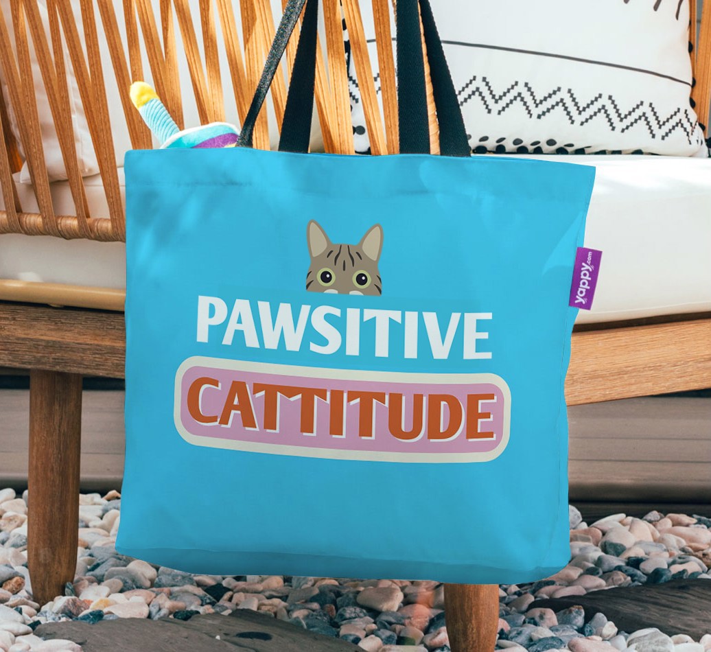 Pawsitive Cattitude: Personalized {breedFullName} Canvas Bag - hanging on a chair