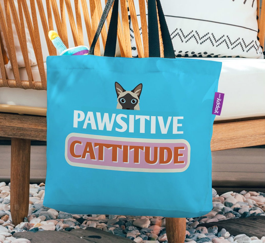 Pawsitive Cattitude: Personalized {breedFullName} Canvas Bag - hanging on a chair