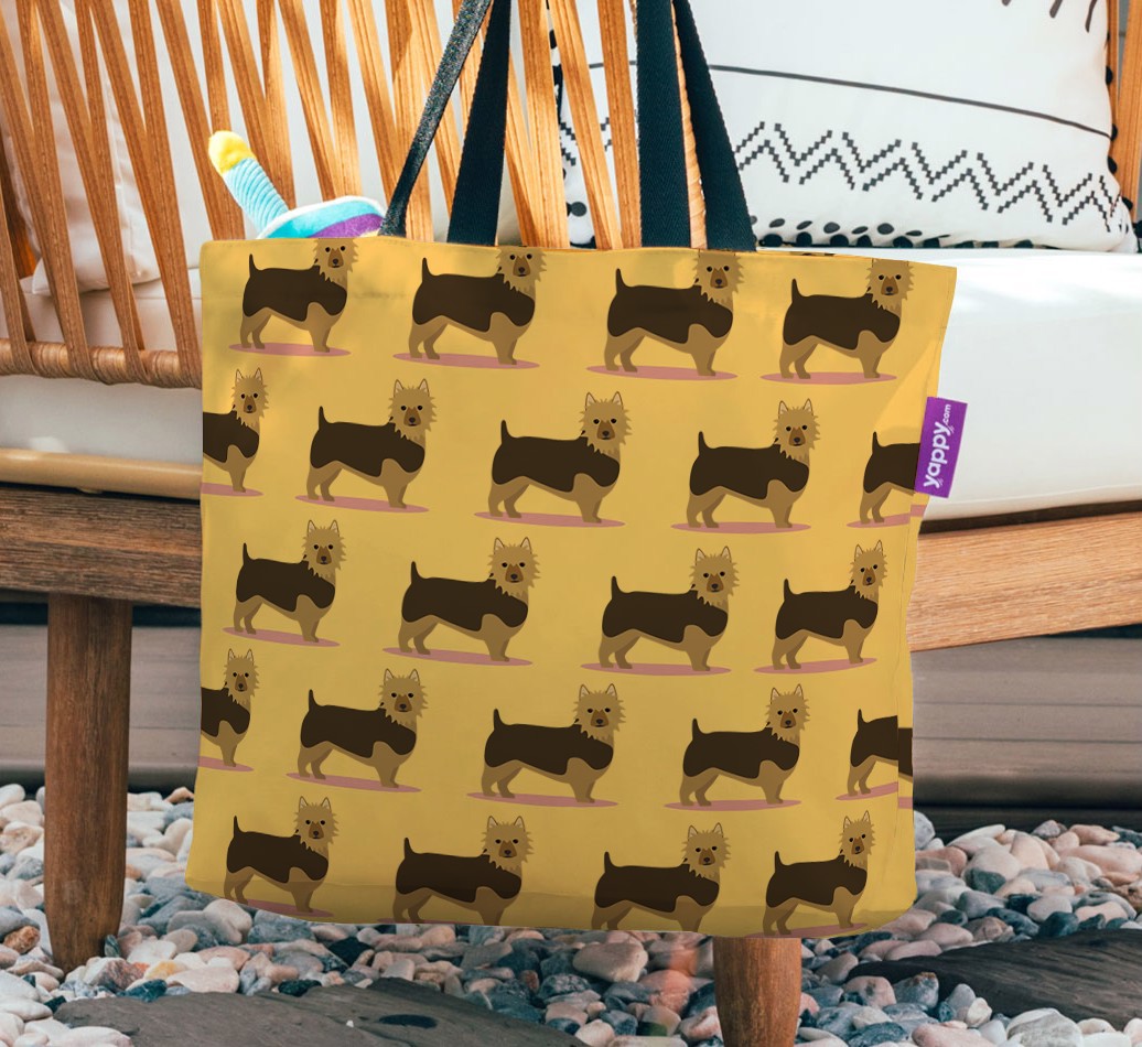 Yappicon Profile Pattern: Personalised {breedFullName} Canvas Bag - hanging on a chair