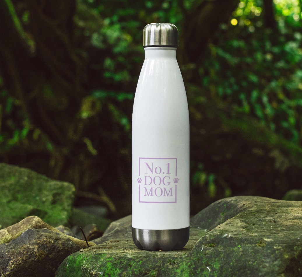 'No.1 Dog Mom' - Personalized {breedFullName} Water Bottle - full image on rocks