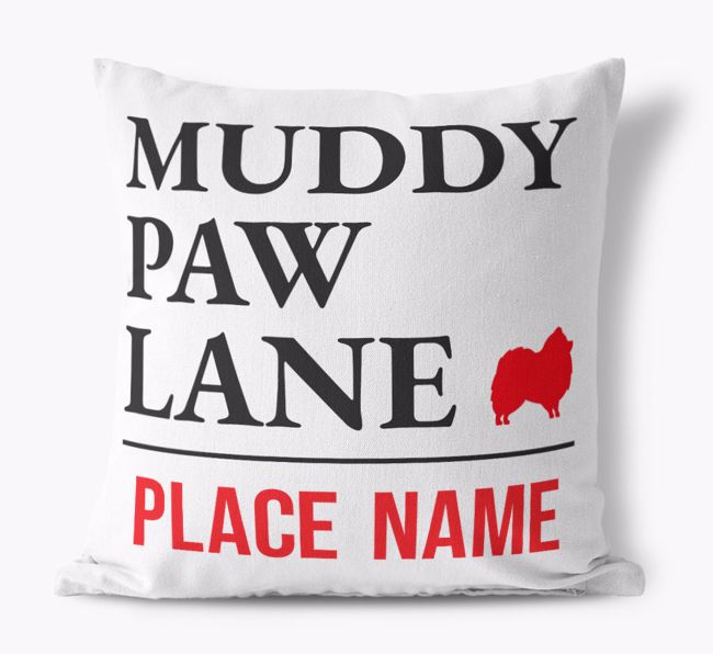 'Muddy Paw Lane' Personalised {breedFullName} Canvas Cushion