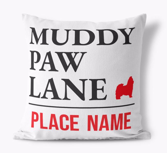 'Muddy Paw Lane' Personalised {breedFullName} Canvas Cushion