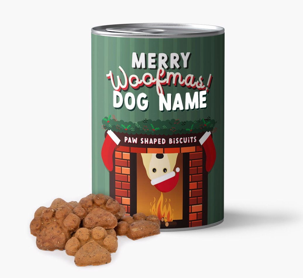 Merry Woofmas: Baked {breedFullName} Biscuits in Personalised Tin - front view of tin