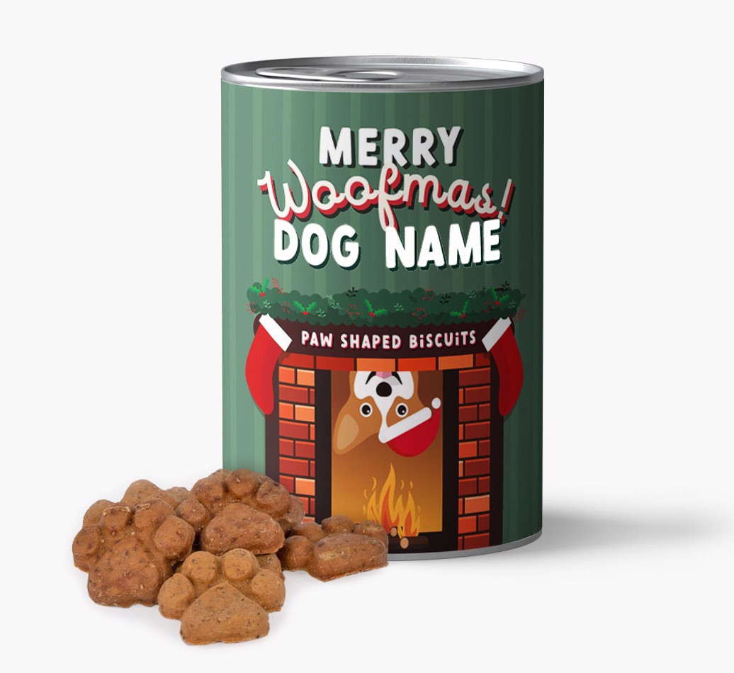 Merry Woofmas: Baked {breedFullName} Biscuits in Personalised Tin - front view of tin