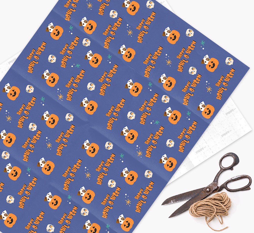 'Happy Howl-o-ween Pumpkin' - Personalised {breedFullName} Wrapping Paper