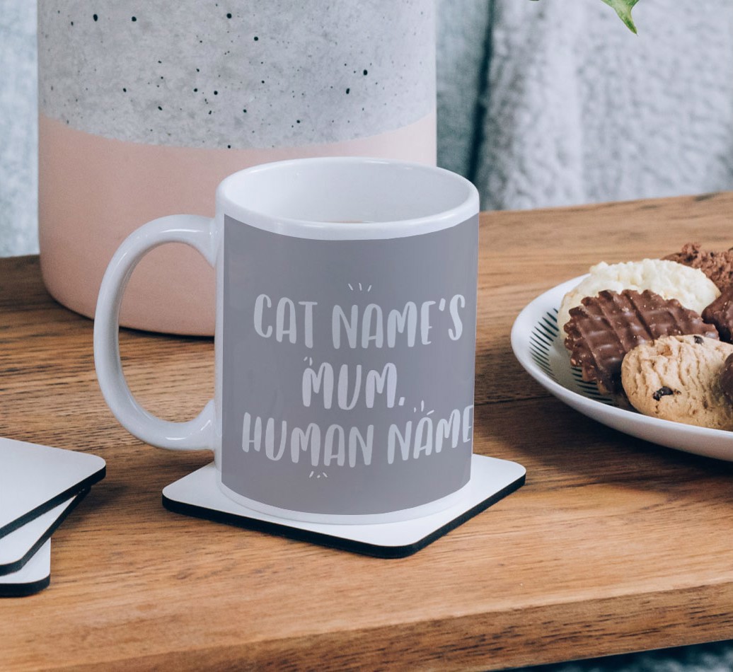 Cat's Mum: Personalised {breedCommonName} Photo Upload Mug - on a coffee table
