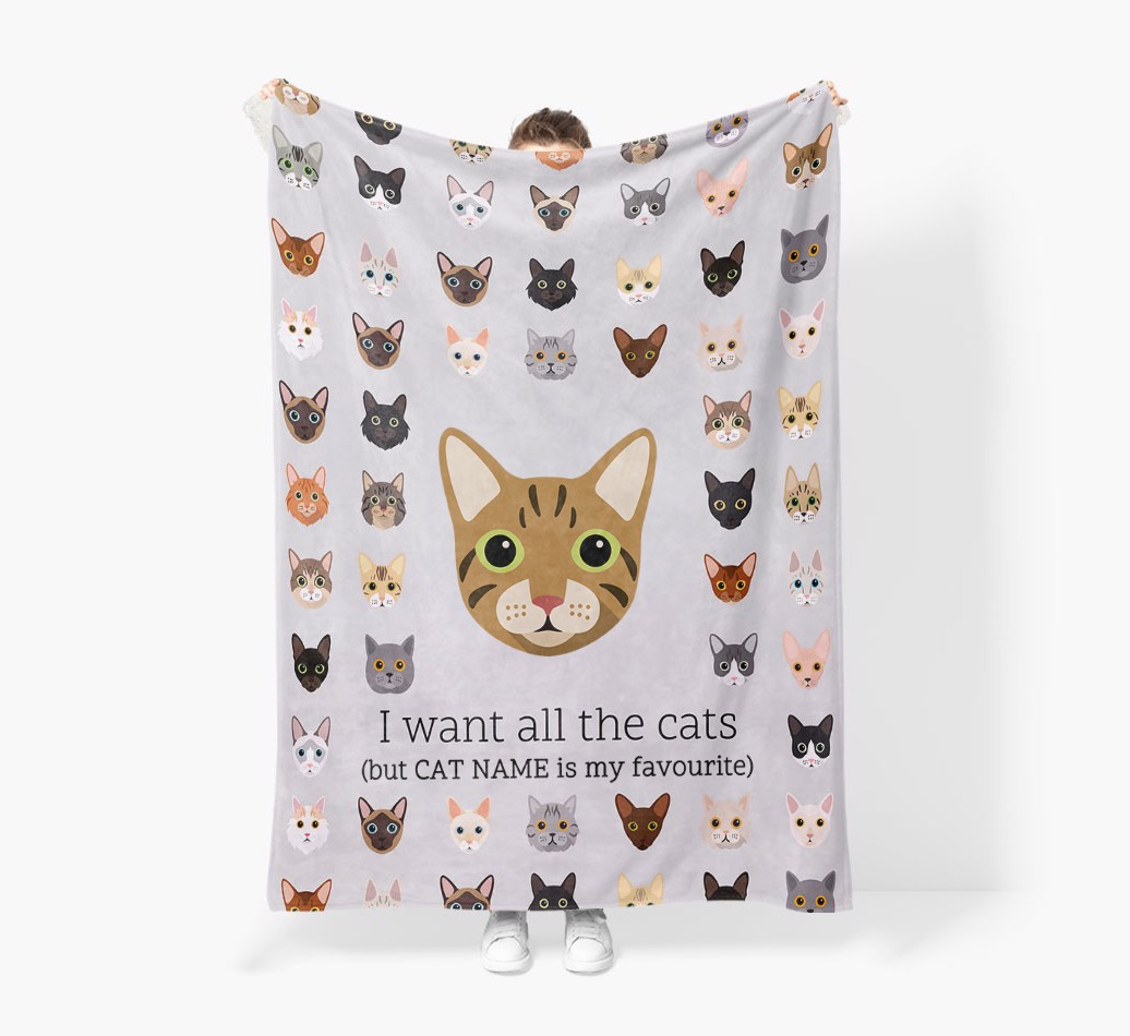 I Want All The Cats: Personalised {breedFullName} Premium Sherpa Fleece Blanket - Held by Person