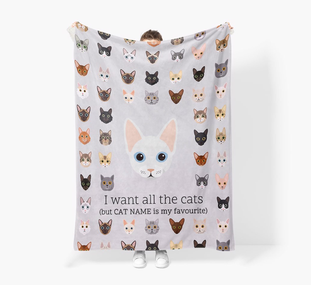 I Want All The Cats: Personalised {breedFullName} Premium Sherpa Fleece Blanket - Held by Person
