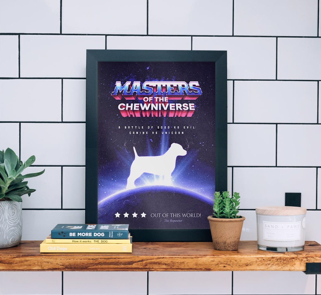 'Masters of the Chewniverse' {breedFullName} Framed Print  - black frame lifestyle