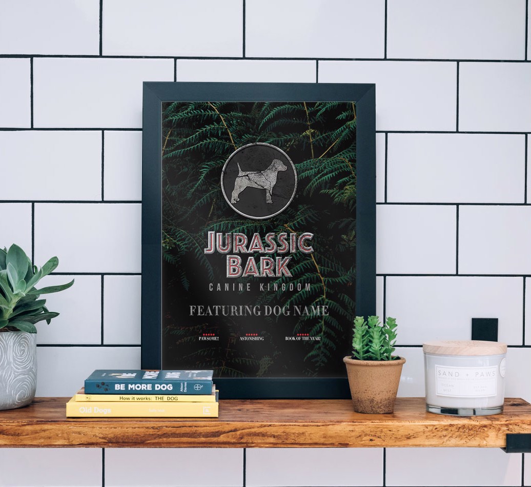'Jurassic Bark' Personalised {breedFullName} Framed Print - black frame lifestyle