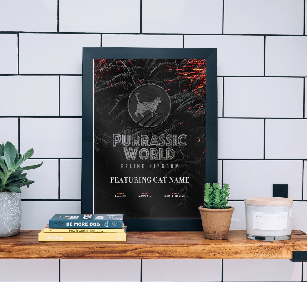 'Purrassic World' Personalised {breedFullName} Framed Print  - black frame lifestyle