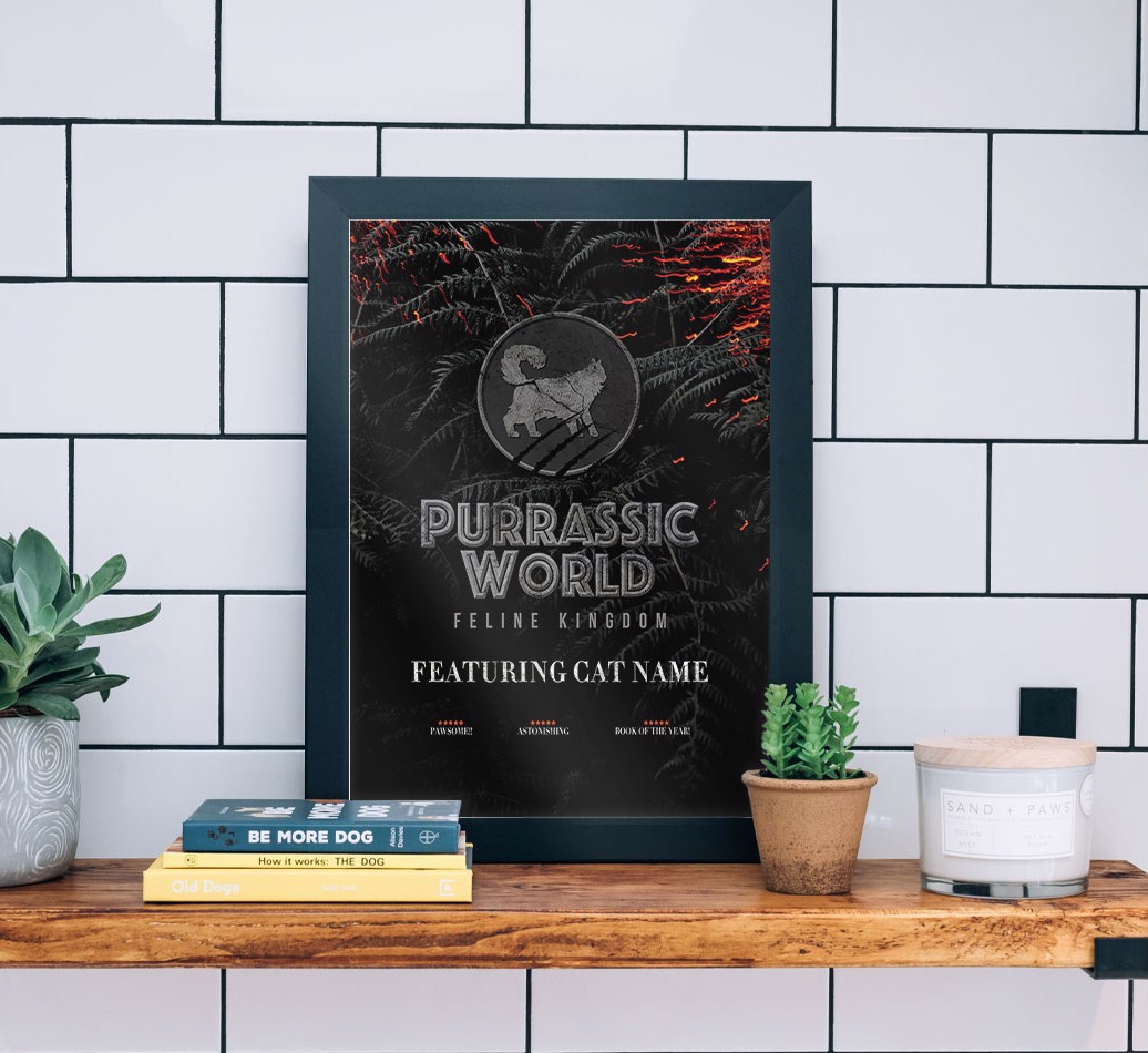 'Purrassic World' Personalised {breedFullName} Framed Print  - black frame lifestyle