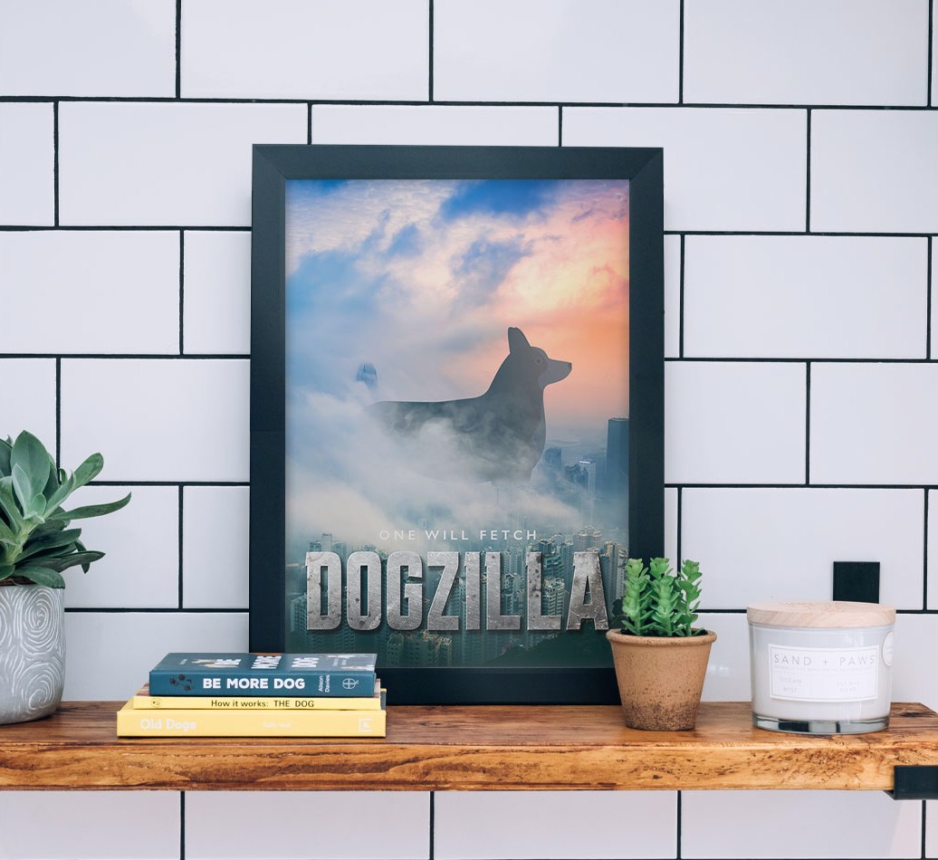 'Dogzilla' {breedFullName} Framed Print - black frame lifestyle